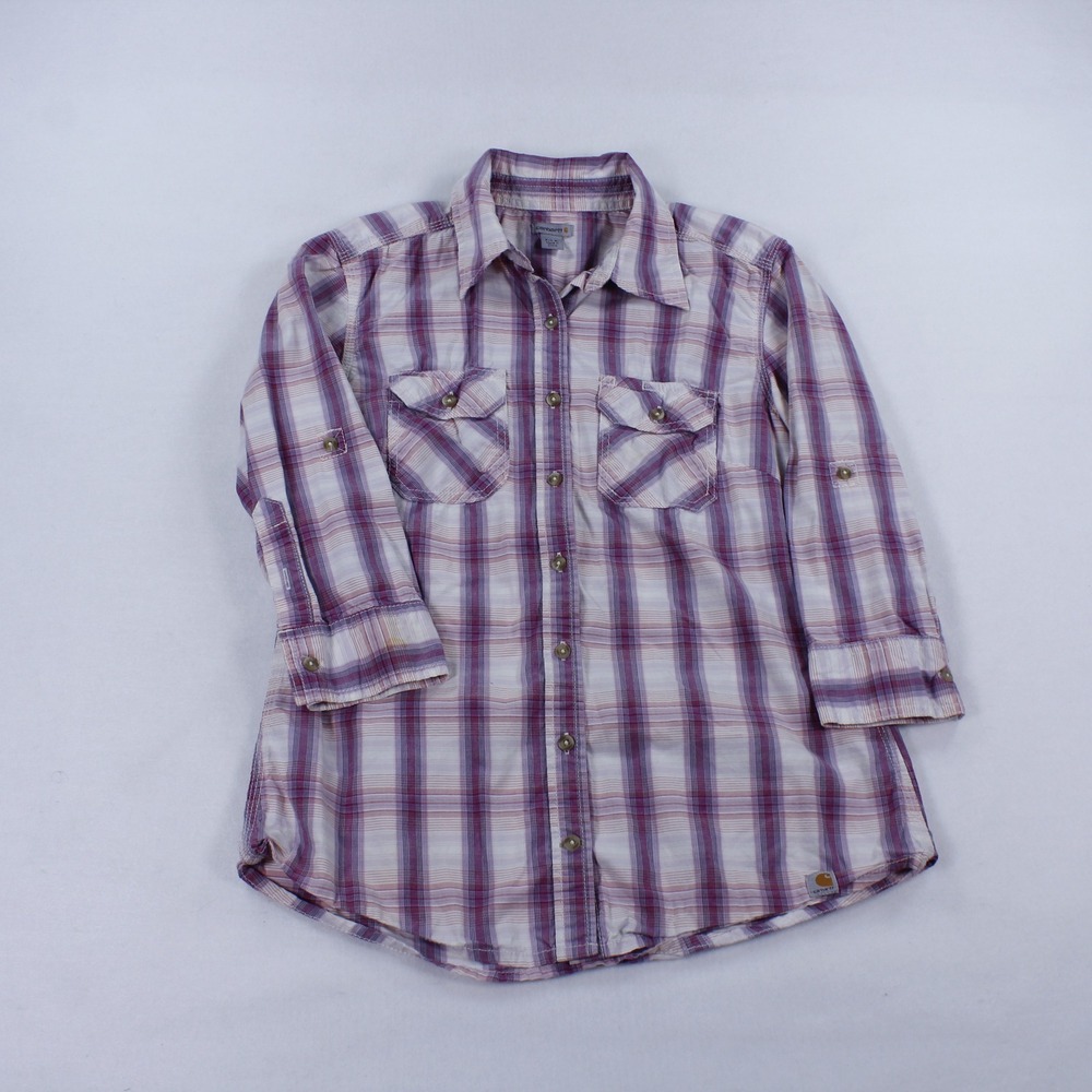 Carhartt Women's Purple Plaid Roll Tab Sleeve Button Up Shirt Size Small 4/6